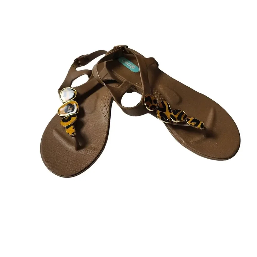 OkaB Leopold Button Sandals Brown Animal Print Ankle Strap Flats Arch Support 6